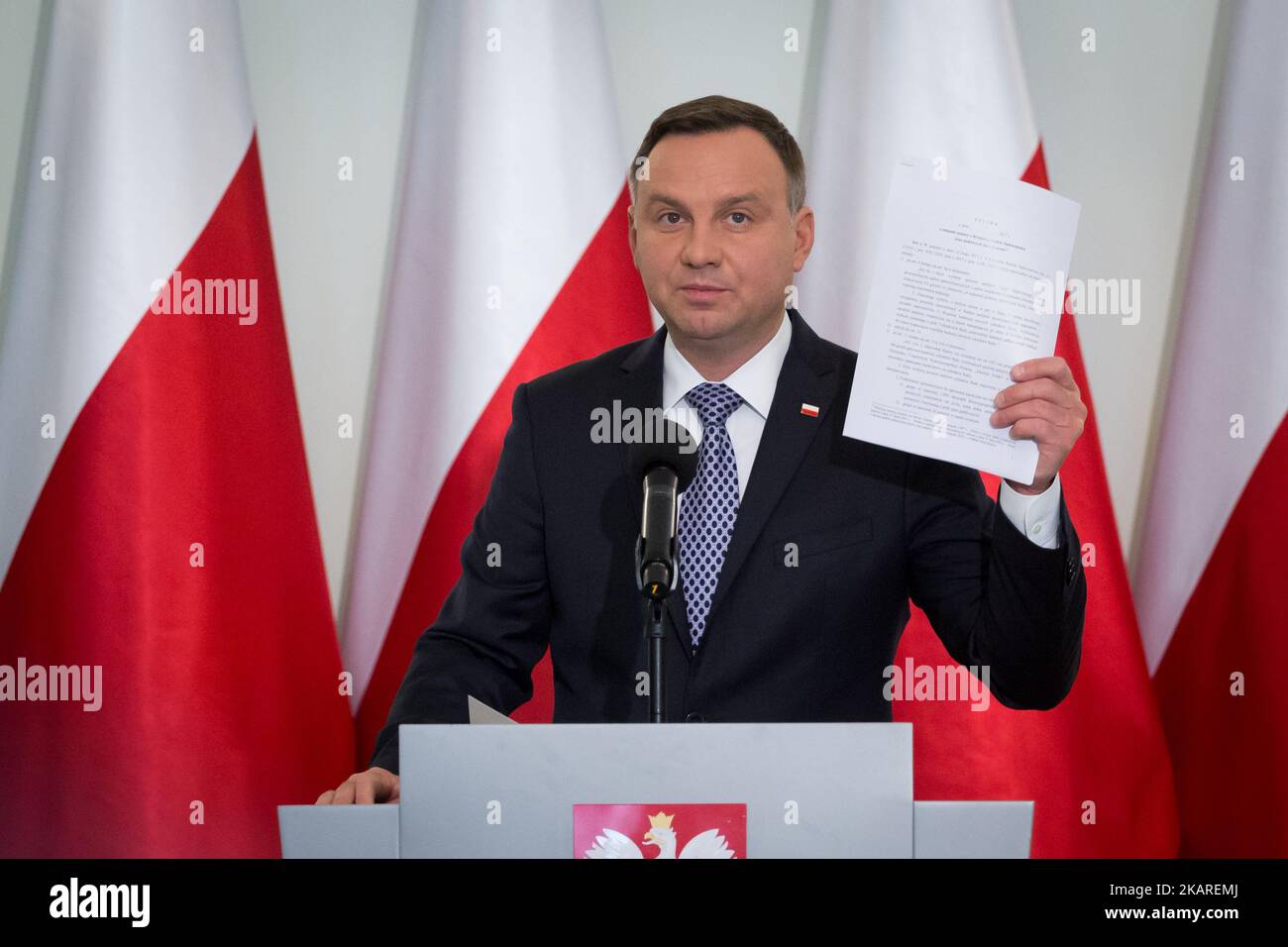 President of Poland Andrzej Duda speaks during the press conference about Polish judicary system reforms at Presidential Palace in Warsaw, Poland on 25 September 2017. President Duda presented his draft legislation to reform the Supreme Court (SN) and the National Council of Judiciary (KRS). In July 2017, Duda vetoed Supreme Court and National Judiciary Council bills voted by the Polish Sejm's majority. Large protests have been held across Poland over rules passed 20 July by the ruling party that would limit the independence of the judiciary. (Photo by Mateusz Wlodarczyk/NurPhoto) Stock Photo