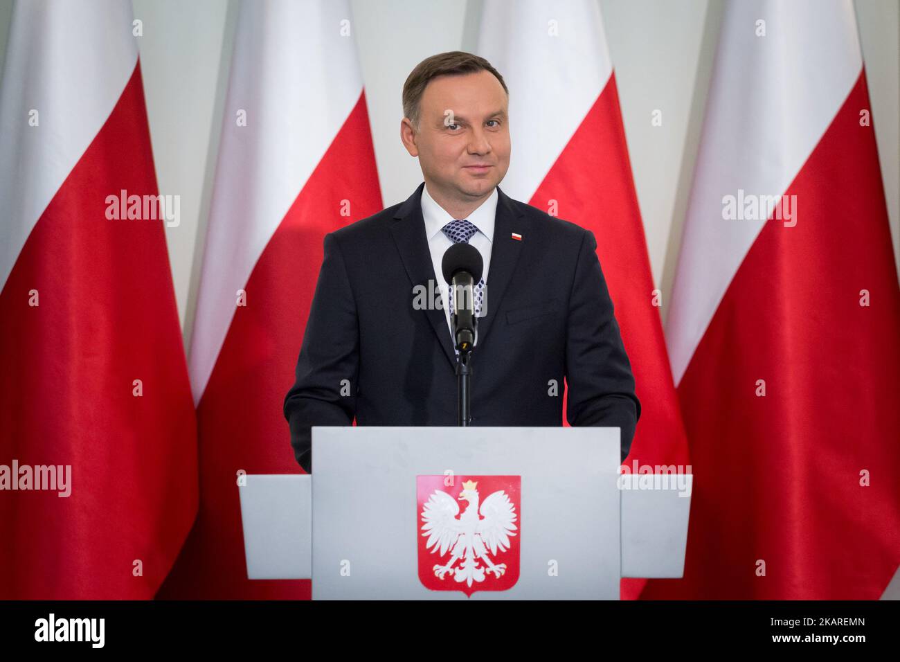 President of Poland Andrzej Duda speaks during the press conference about Polish judicary system reforms at Presidential Palace in Warsaw, Poland on 25 September 2017. President Duda presented his draft legislation to reform the Supreme Court (SN) and the National Council of Judiciary (KRS). In July 2017, Duda vetoed Supreme Court and National Judiciary Council bills voted by the Polish Sejm's majority. Large protests have been held across Poland over rules passed 20 July by the ruling party that would limit the independence of the judiciary. (Photo by Mateusz Wlodarczyk/NurPhoto) Stock Photo