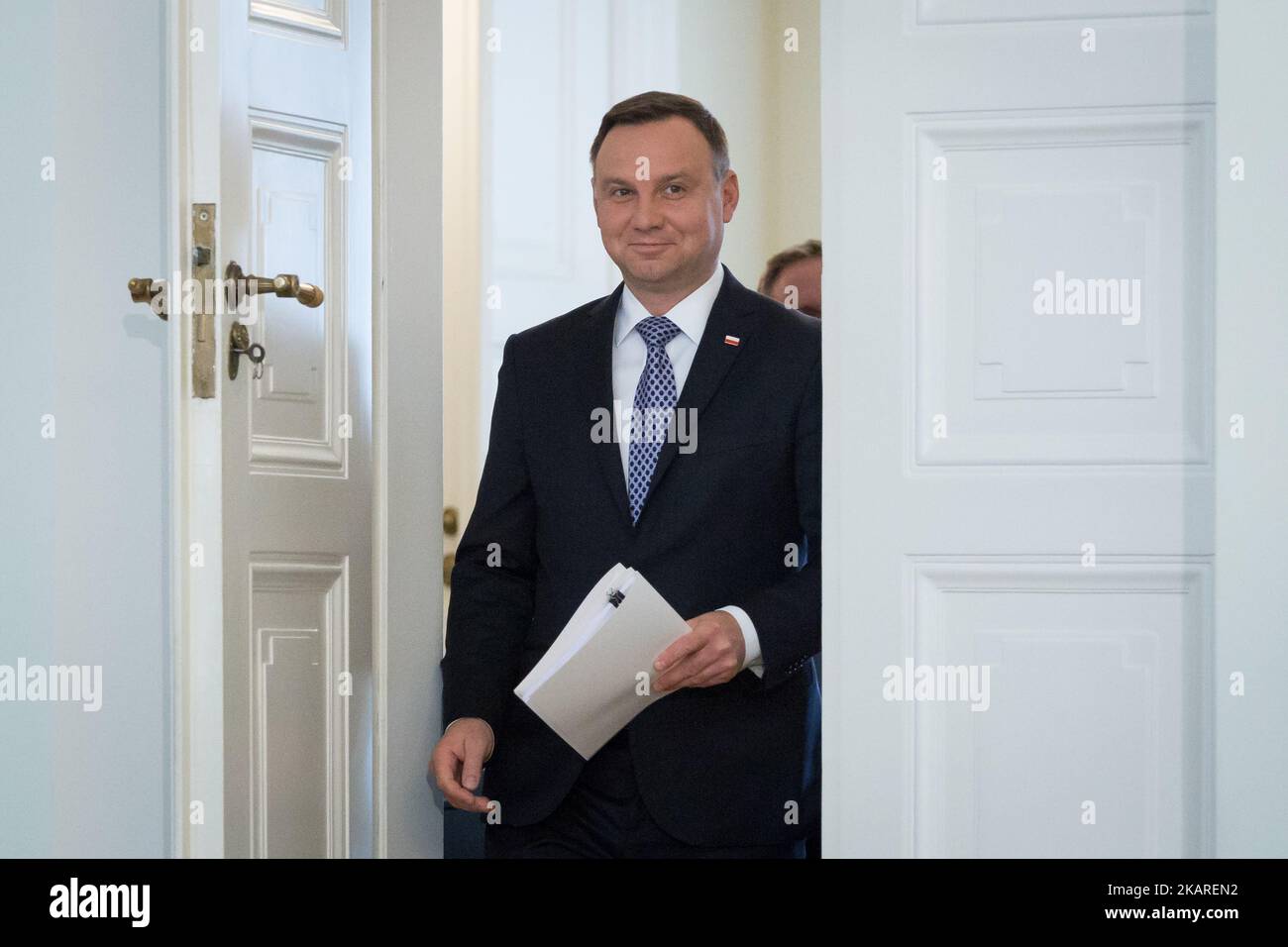 President of Poland Andrzej Duda during the press conference about Polish judicary system reforms at Presidential Palace in Warsaw, Poland on 25 September 2017. President Duda presented his draft legislation to reform the Supreme Court (SN) and the National Council of Judiciary (KRS). In July 2017, Duda vetoed Supreme Court and National Judiciary Council bills voted by the Polish Sejm's majority. Large protests have been held across Poland over rules passed 20 July by the ruling party that would limit the independence of the judiciary. (Photo by Mateusz Wlodarczyk/NurPhoto) Stock Photo