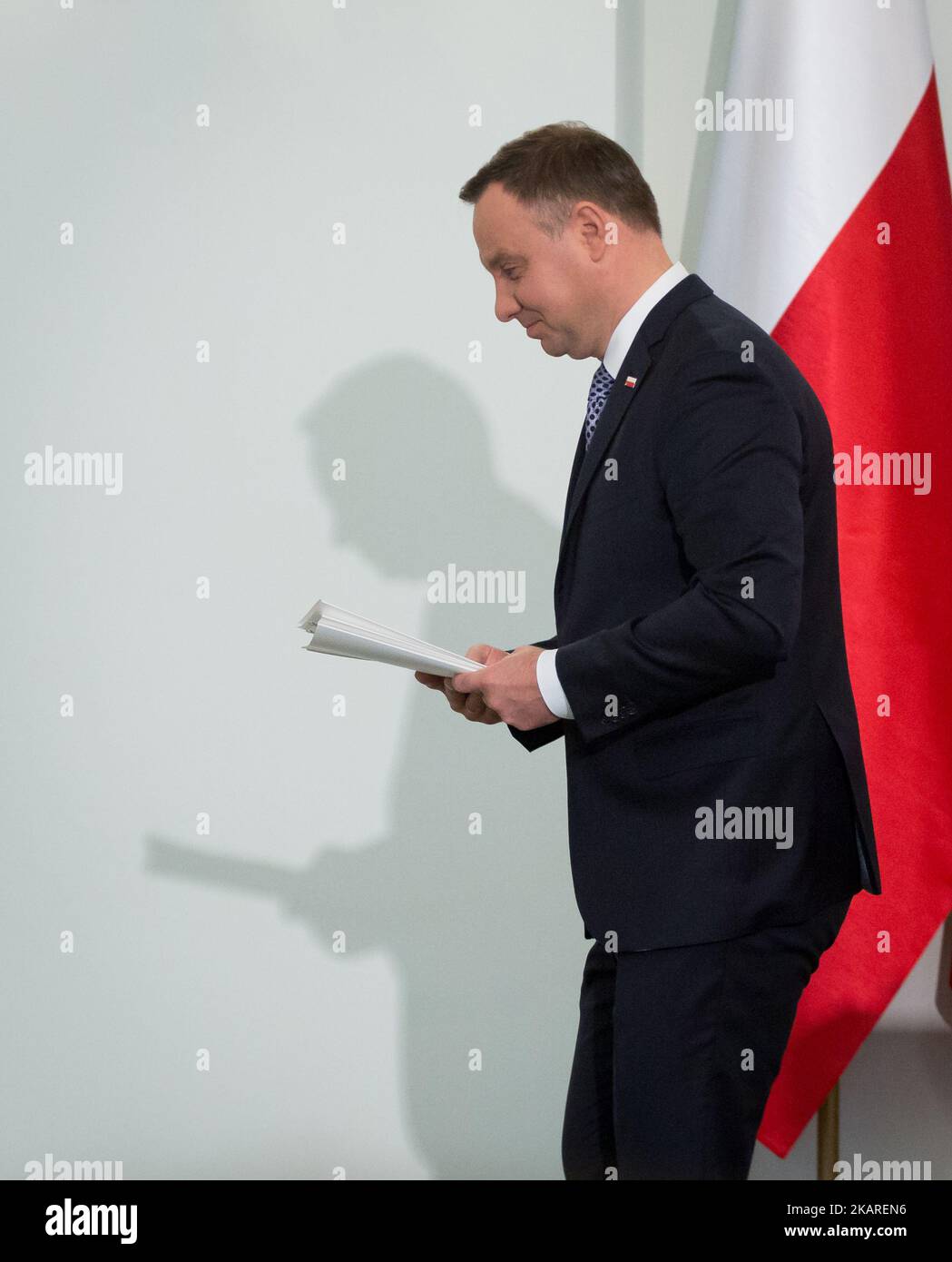 President of Poland Andrzej Duda during the press conference about Polish judicary system reforms at Presidential Palace in Warsaw, Poland on 25 September 2017. President Duda presented his draft legislation to reform the Supreme Court (SN) and the National Council of Judiciary (KRS). In July 2017, Duda vetoed Supreme Court and National Judiciary Council bills voted by the Polish Sejm's majority. Large protests have been held across Poland over rules passed 20 July by the ruling party that would limit the independence of the judiciary. (Photo by Mateusz Wlodarczyk/NurPhoto) Stock Photo