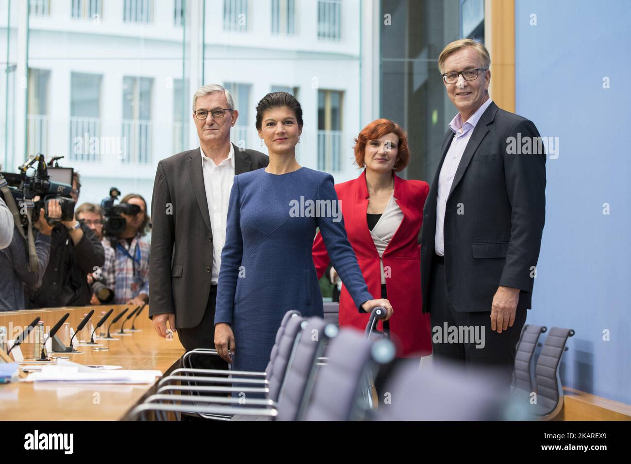 Top candidates of Die Linke (The Left) party Sahra Wagenknecht (2L) and Dietmar Bartsch (R) and Co-Leaders Katja Kipping (2R) and Bernd Riexinger (L) arrive to a press conference in Berlin, Germany on September 25, 2017. (Photo by Emmanuele Contini/NurPhoto) Stock Photo
