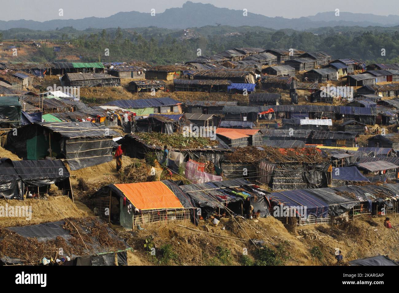 A view shows Rohingya refugees tents in Ukhiya, Bangladesh on September 26, 2017. More than 450,000 Rohingya Muslims have fled into Bangladesh, violence erupted in Myanmar's Rakhine state since August 25. (Photo by Rehman Asad/NurPhoto) Stock Photo