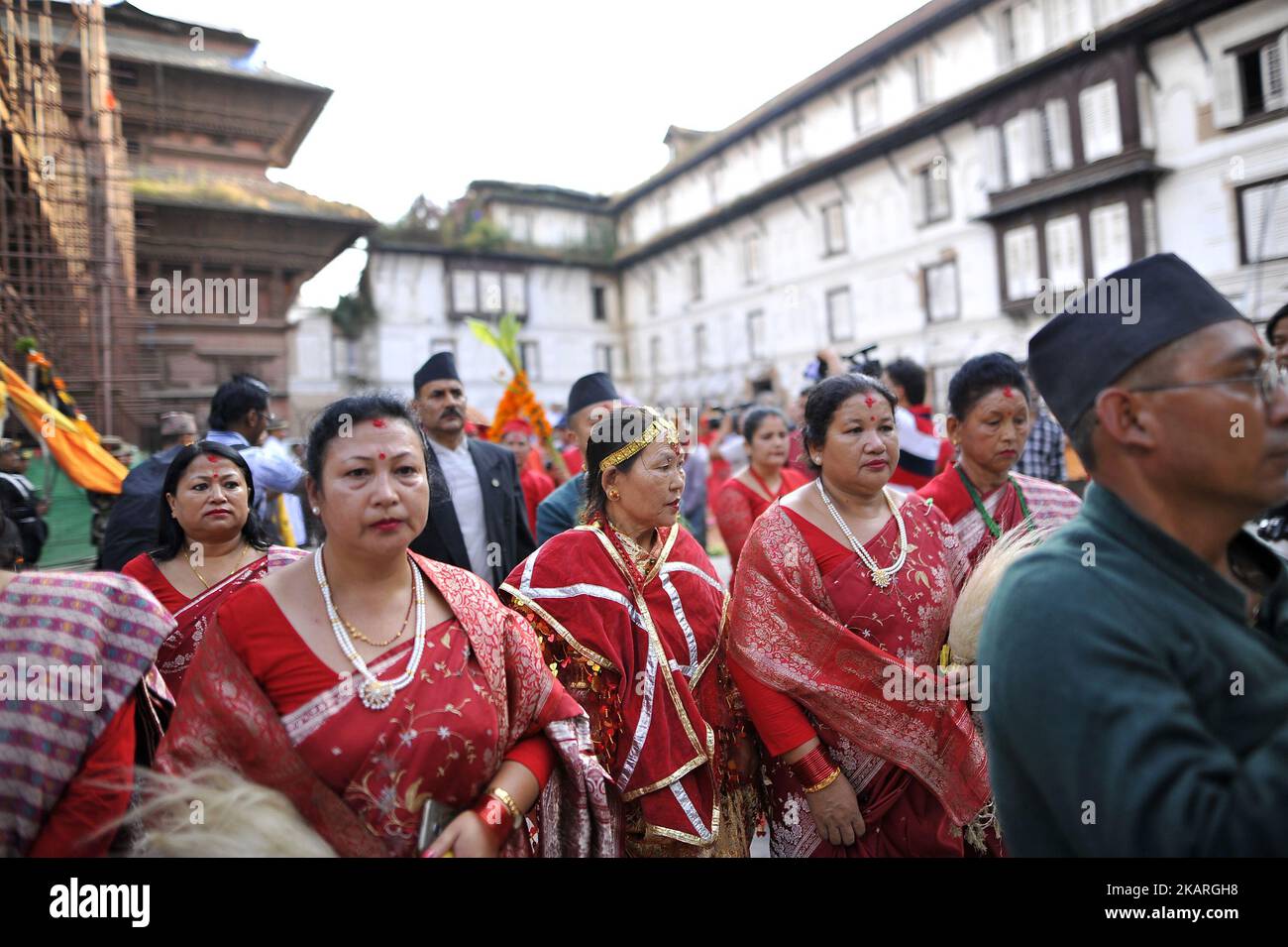 Nepalese devotees sings traditional songs as priests carrying Fulpati