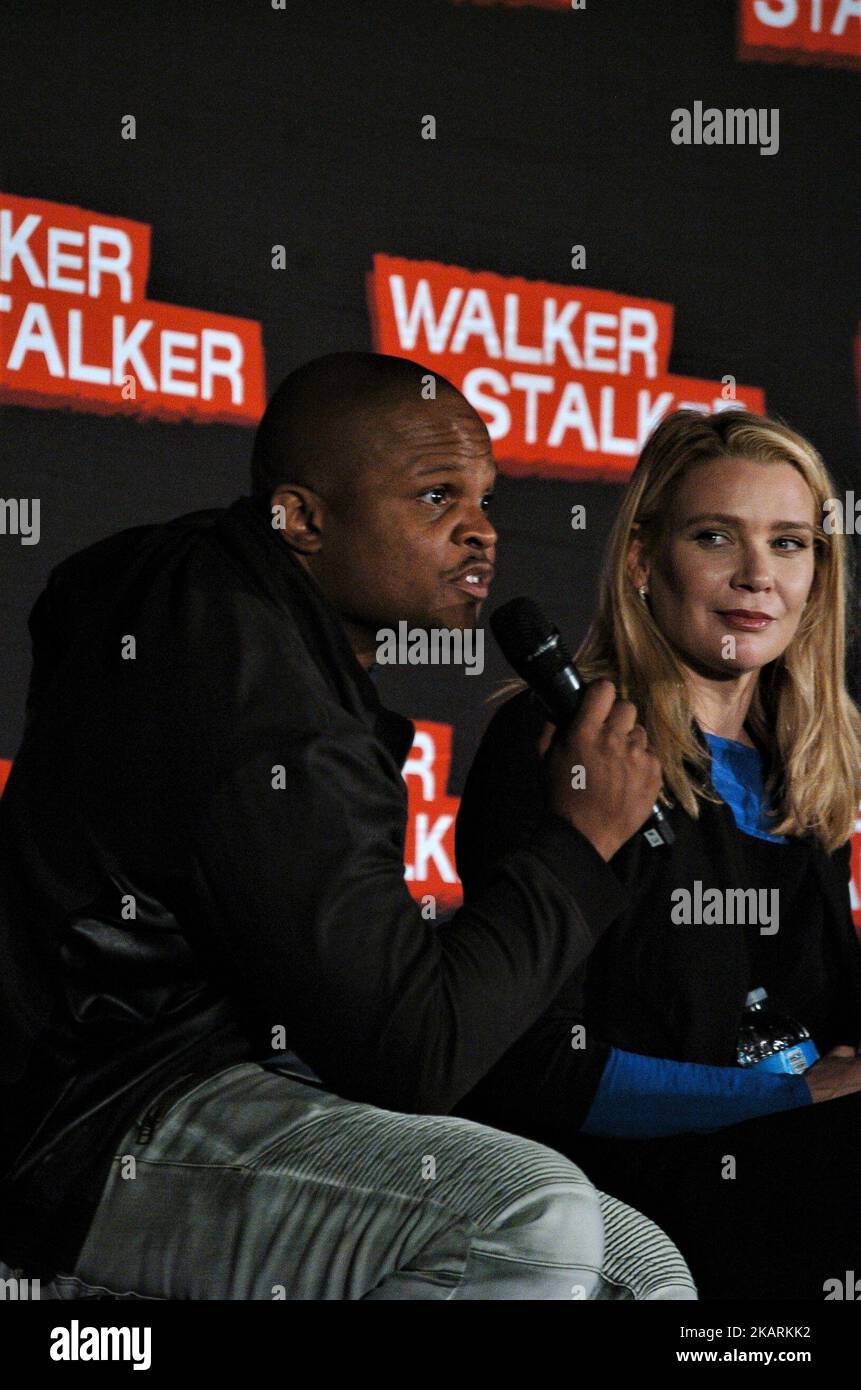 Scott Wilson, Laurie Holden and Irone Singleton talk about their time on the Walking Dead during a panel discussion at Walker Stalker Con in Philadelphia, PA on September 30, 2017. (Photo by Cory Clark/NurPhoto) Stock Photo