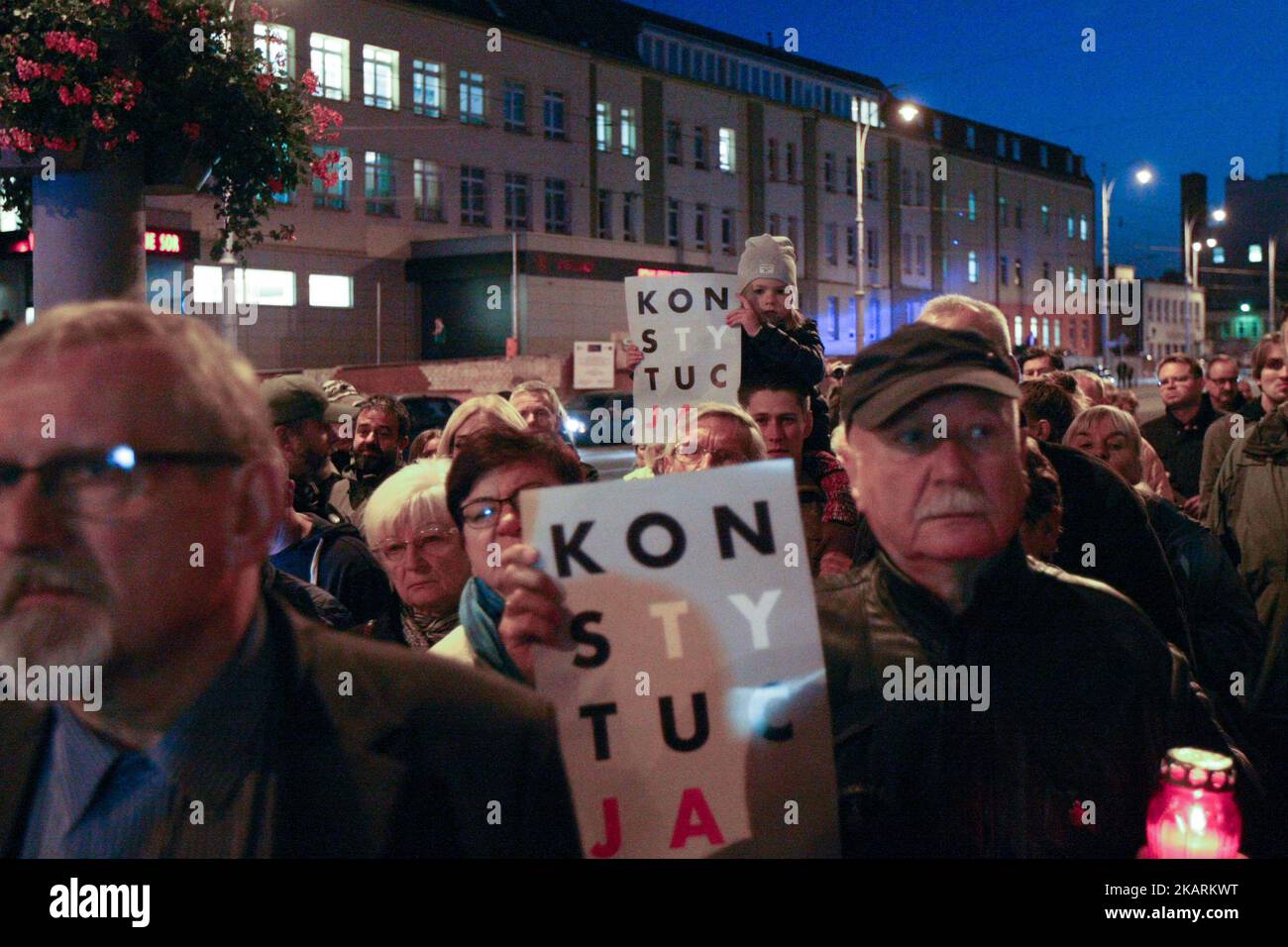 Protesters in front of Gdansk Regional Court are seen in Gdansk, Poland on 1 October 2017 Crowds gathered outside the Regional Court and other cities around the country to protest at president and government plans fof changes to Polands judicial system. Protesters argued the changes would limit judicial independence and threaten the separation of powers in the country. (Photo by Michal Fludra/NurPhoto) Stock Photo