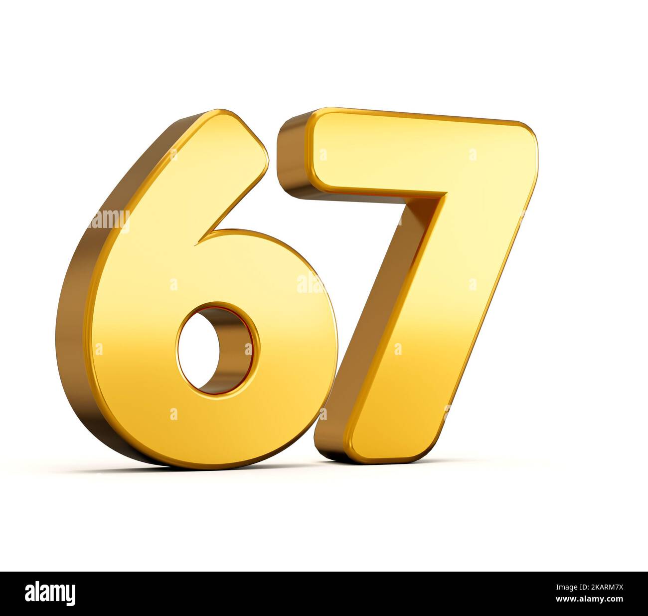 3d illustration of golden number sixty seven or 67 isolated on white