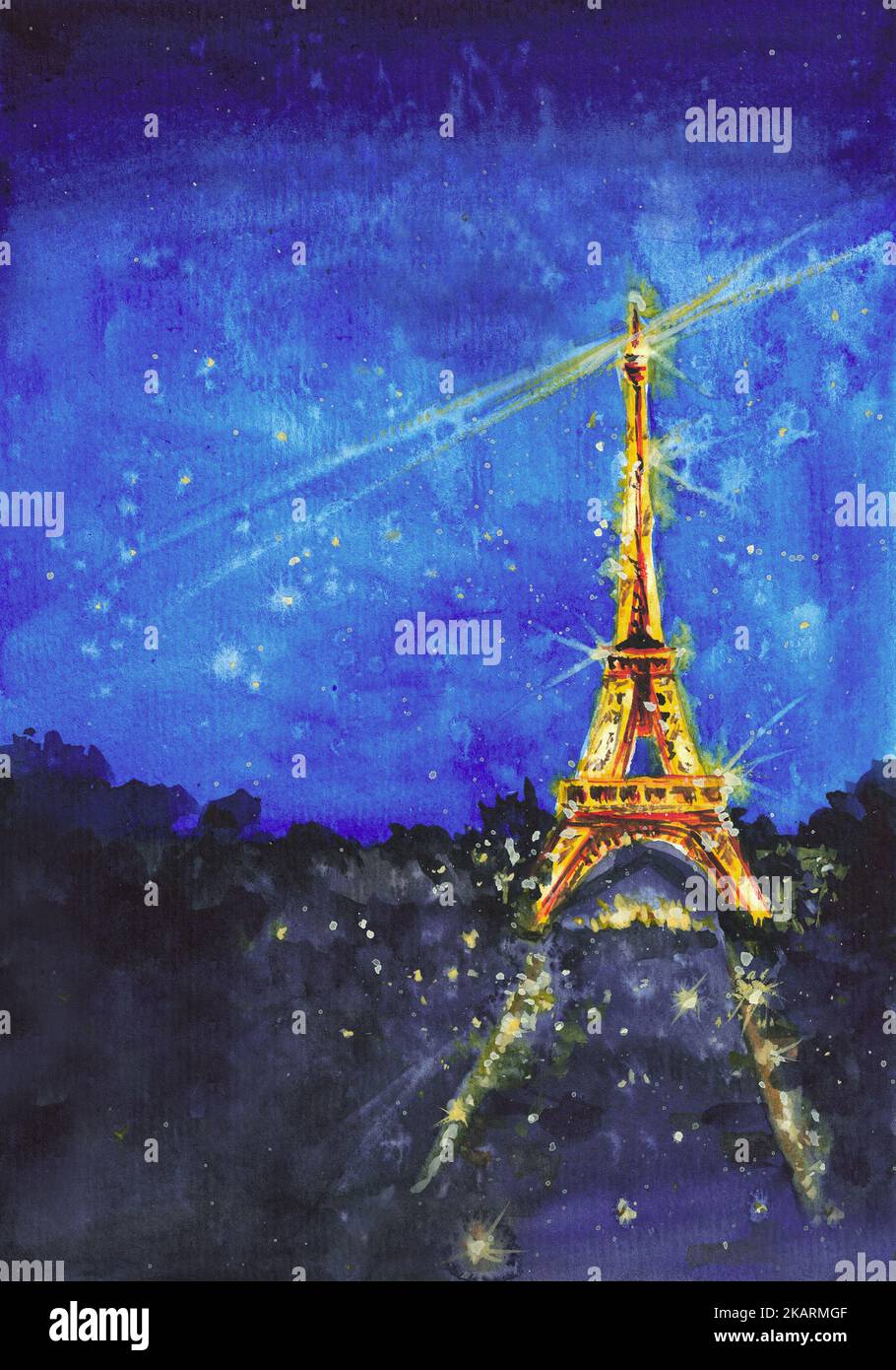 Paris street at night with the Eiffel Tower light show on starry night background. Hand drawn water colour illustration with night scenery. Stock Photo