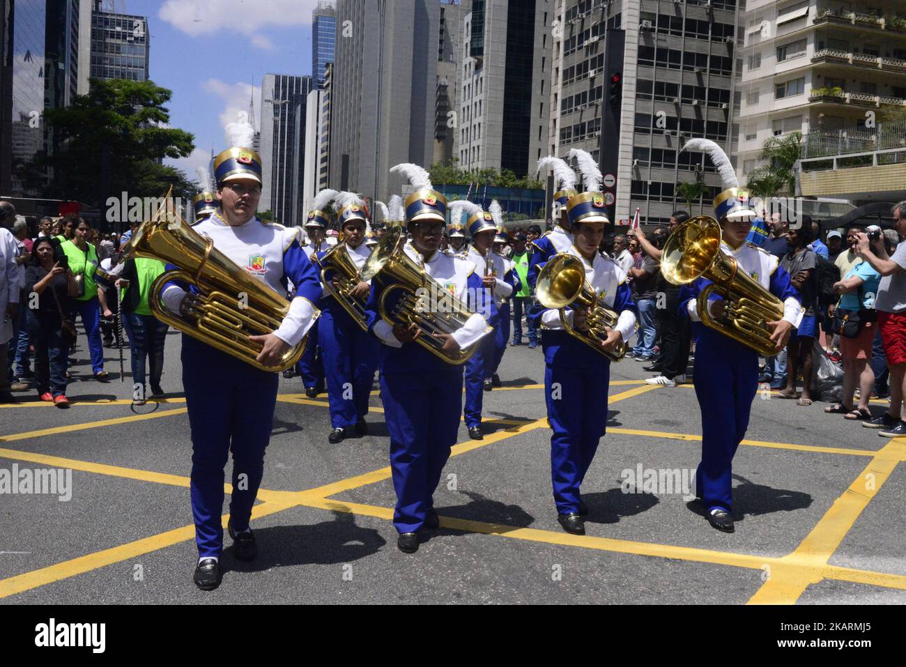 On Sunday, October 1st, ten bands and fanfares from all over the state will shake Paulista Avenue in a great parade, starting at 10am, starting point at height of Alameda Campinas. It will be the first edition of Fanfarras e Bandas Paulistas, an initiative of the Culture Secretariat, which will bring a lot of music to celebrate spring on one of the main thoroughfares of the capital. (Photo by Cris Faga/NurPhoto) Stock Photo