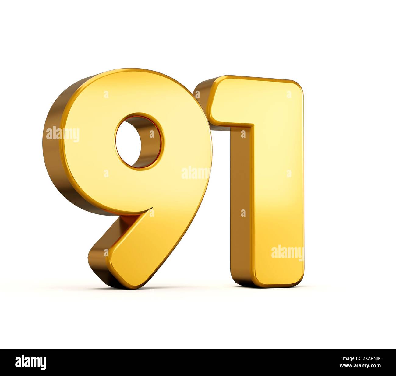 3d illustration of golden number ninety one or 91 isolated on white ...