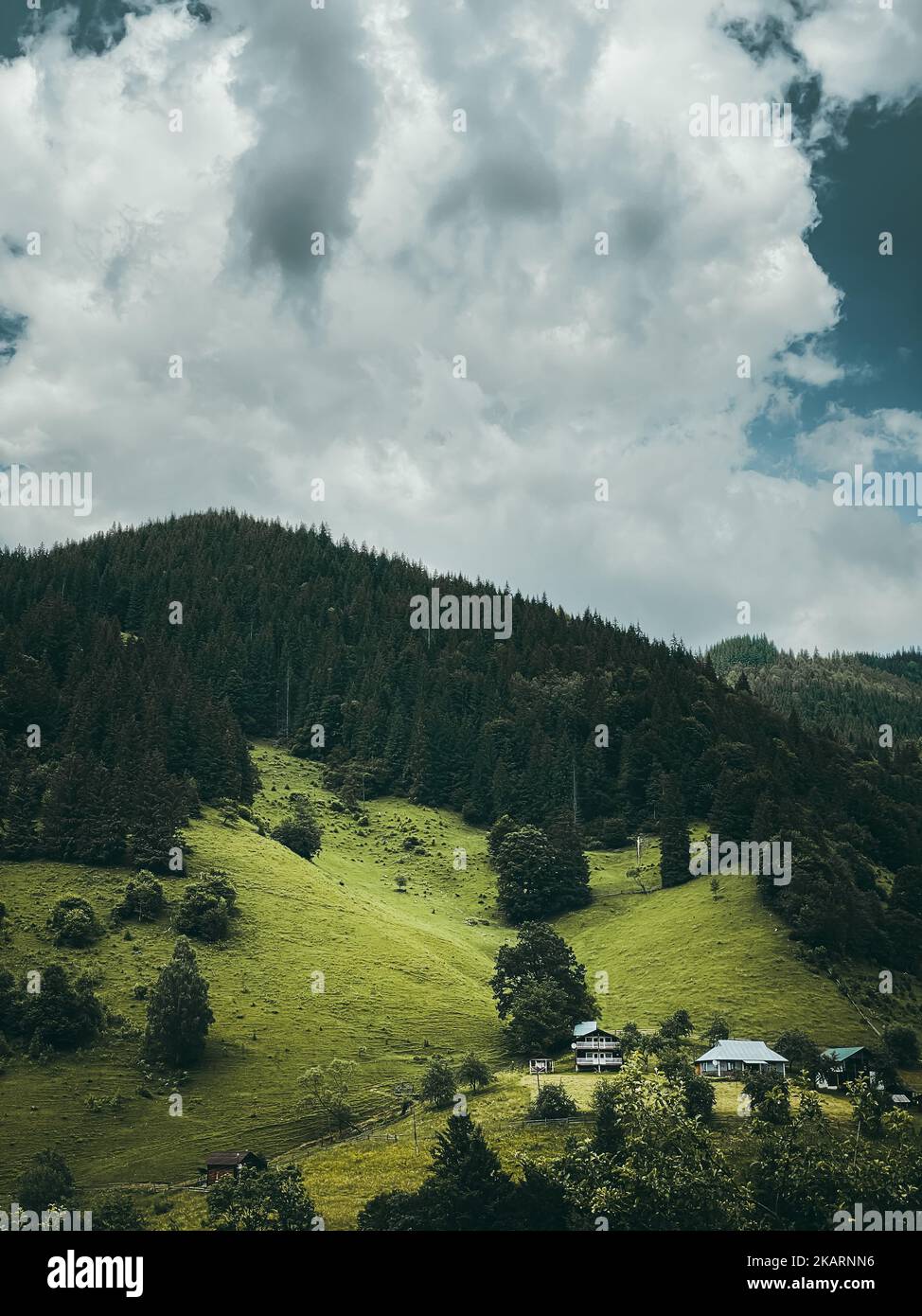 Mountain village on green hill under the mountain covered with forest Stock Photo