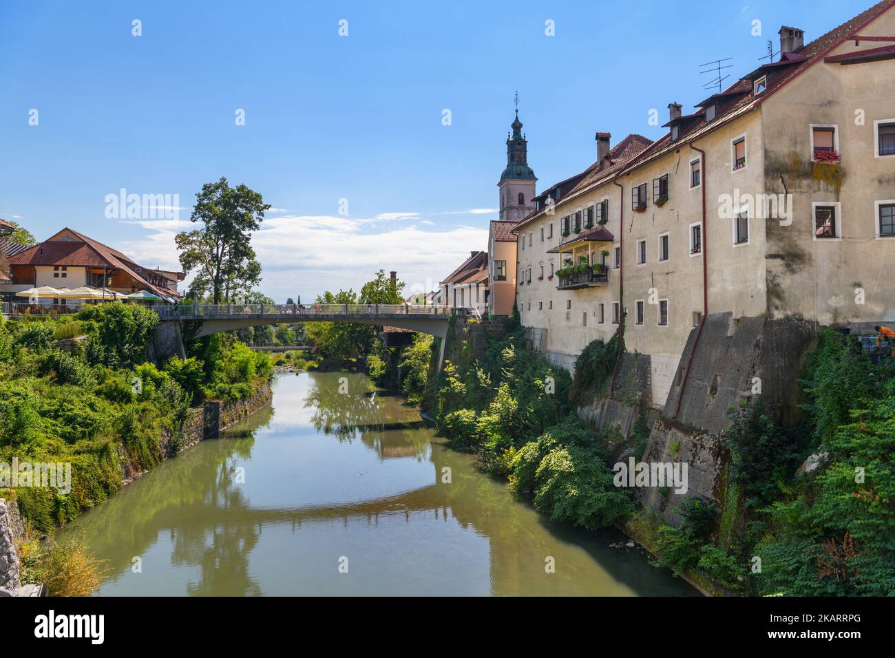 The river Selska Sora in the historic old town of Skofja Loka, Slovenia Stock Photo