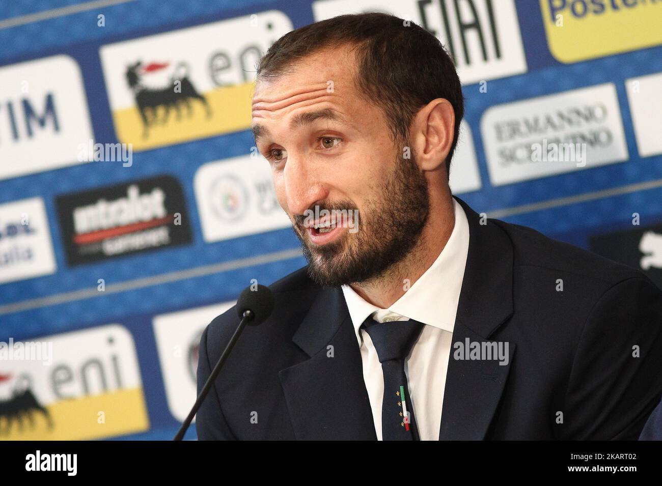 Giorgio Chiellini (Italy) during the press conference on the eve of the FIFA World Cup European Qualifying match between Italy and FYR Macedonia at Olympic Grande Torino Stadium on October 5, 2017 in Turin, Italy. (Photo by Massimiliano Ferraro/NurPhoto) Stock Photo