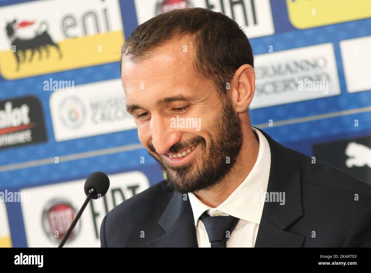 Giorgio Chiellini (Italy) during the press conference on the eve of the FIFA World Cup European Qualifying match between Italy and FYR Macedonia at Olympic Grande Torino Stadium on October 5, 2017 in Turin, Italy. (Photo by Massimiliano Ferraro/NurPhoto) Stock Photo