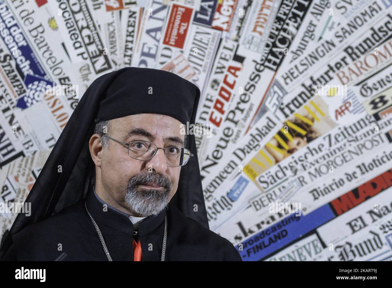 Ibrahim Isaac Sidrak, Coptic Patriarch of Alexandria, attends a press