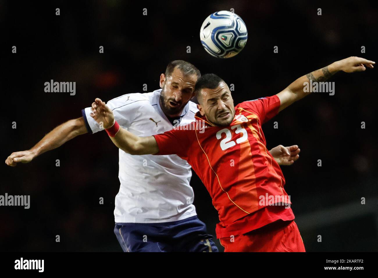 Giorgio Chiellini (L) of Italy national team and Ilija Nestorovski of FYR Macedonia national team vie for a header during the 2018 FIFA World Cup Russia qualifier Group G football match between Italy and FYR Macedonia at Stadio Olimpico on October 6, 2017 in Turin, Italy. (Photo by Mike Kireev/NurPhoto) Stock Photo
