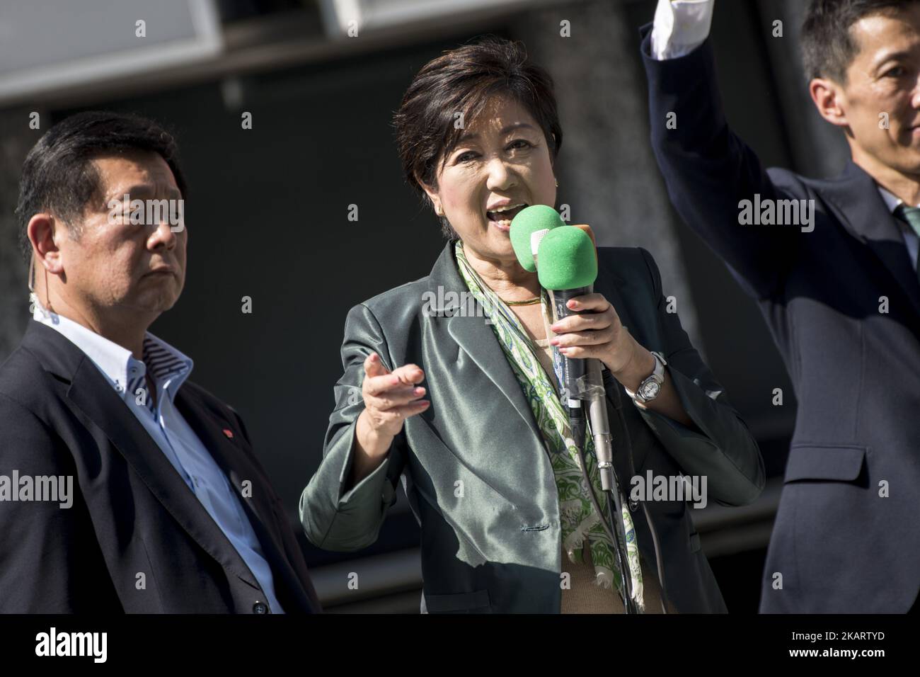Tokyo Metropolitan Governor and Kibo no To (Party of Hope) leader Yuriko Koike makes a street speech in Toshima Ward, Tokyo, Japan on October 10, 2017. The contest for 465 seats in the October 22, election pits Prime Minister Shinzo Abe's ruling coalition against two political forces centered on parties that were formed in the past few weeks. Lower house election was officially announced on the same day and voting and ballot counting will be held on Oct. 22. (Photo by Alessandro Di Ciommo/NurPhoto) Stock Photo