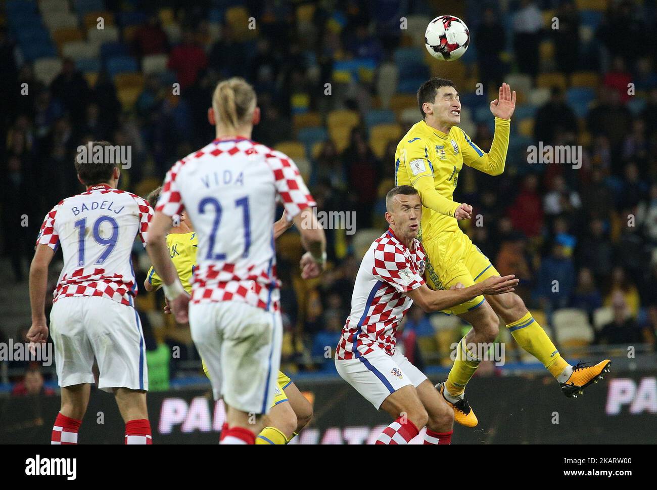 Ukraine's Taras Stepanenko, right, and Croatia's Ivan Perisic, left, in the fight for the ball during the World Cup Group I qualifying soccer match between Ukraine and Croatia at the Olympic Stadium in Kiev, Ukraine on October 9, 2017. (Photo by Danil Shamkin/NurPhoto) Stock Photo