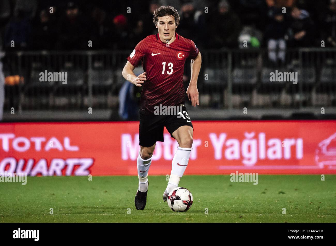 Caglar Soyuncu of Turkey runs with the ball during the FIFA World Cup 2018 qualifying football match between Finland and Turkey in Turku, Southern Finland on October 9, 2017. (Photo by Antti Yrjonen/NurPhoto) Stock Photo