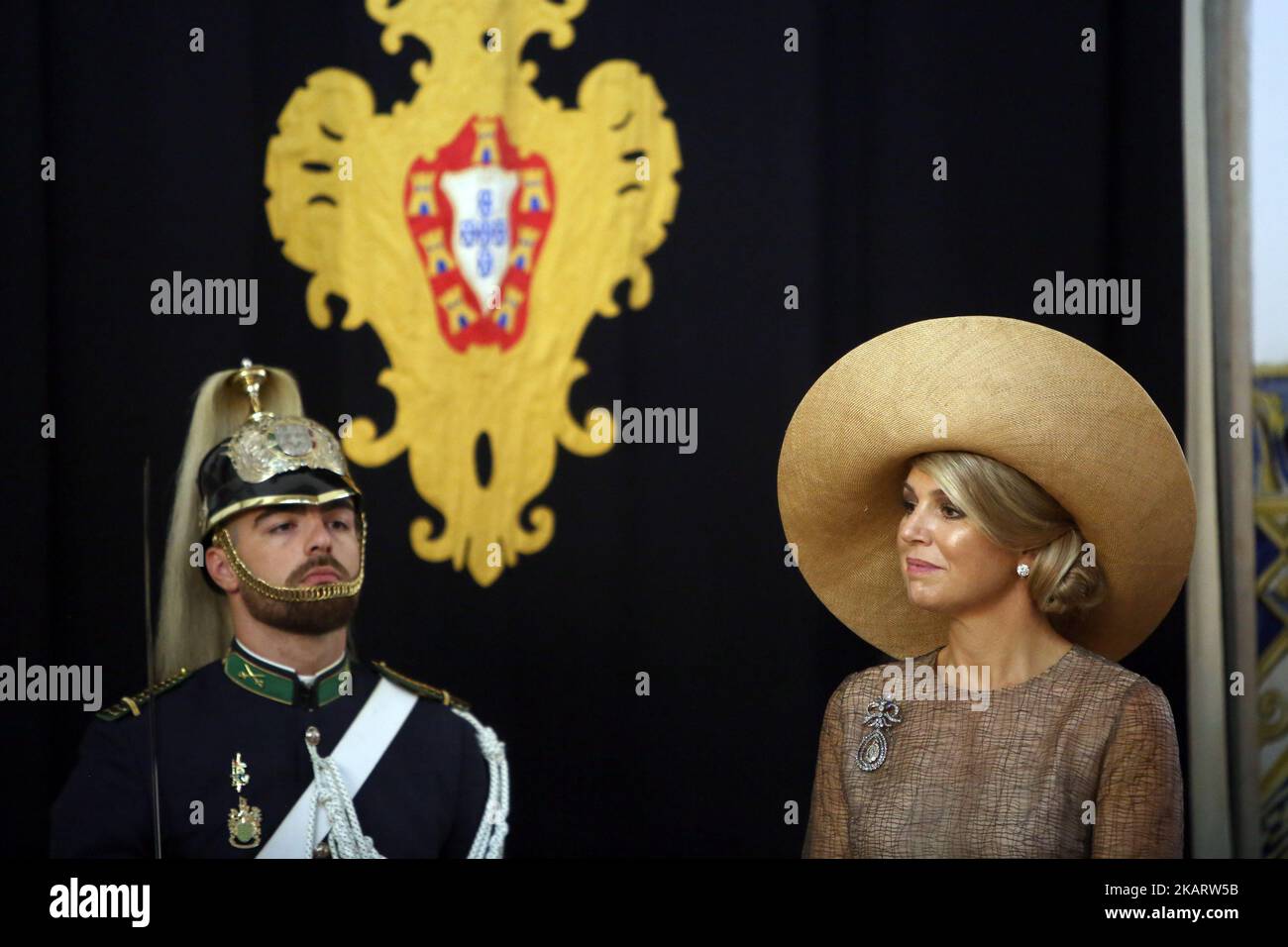 Queen Maxima of the Netherlands looks on at the Belem Palace in Lisbon, Portugal on October 10, 2017. This is the first of a 3 days Royals state visit to Portugal. (Photo by Pedro Fiuza/NurPhoto) Stock Photo