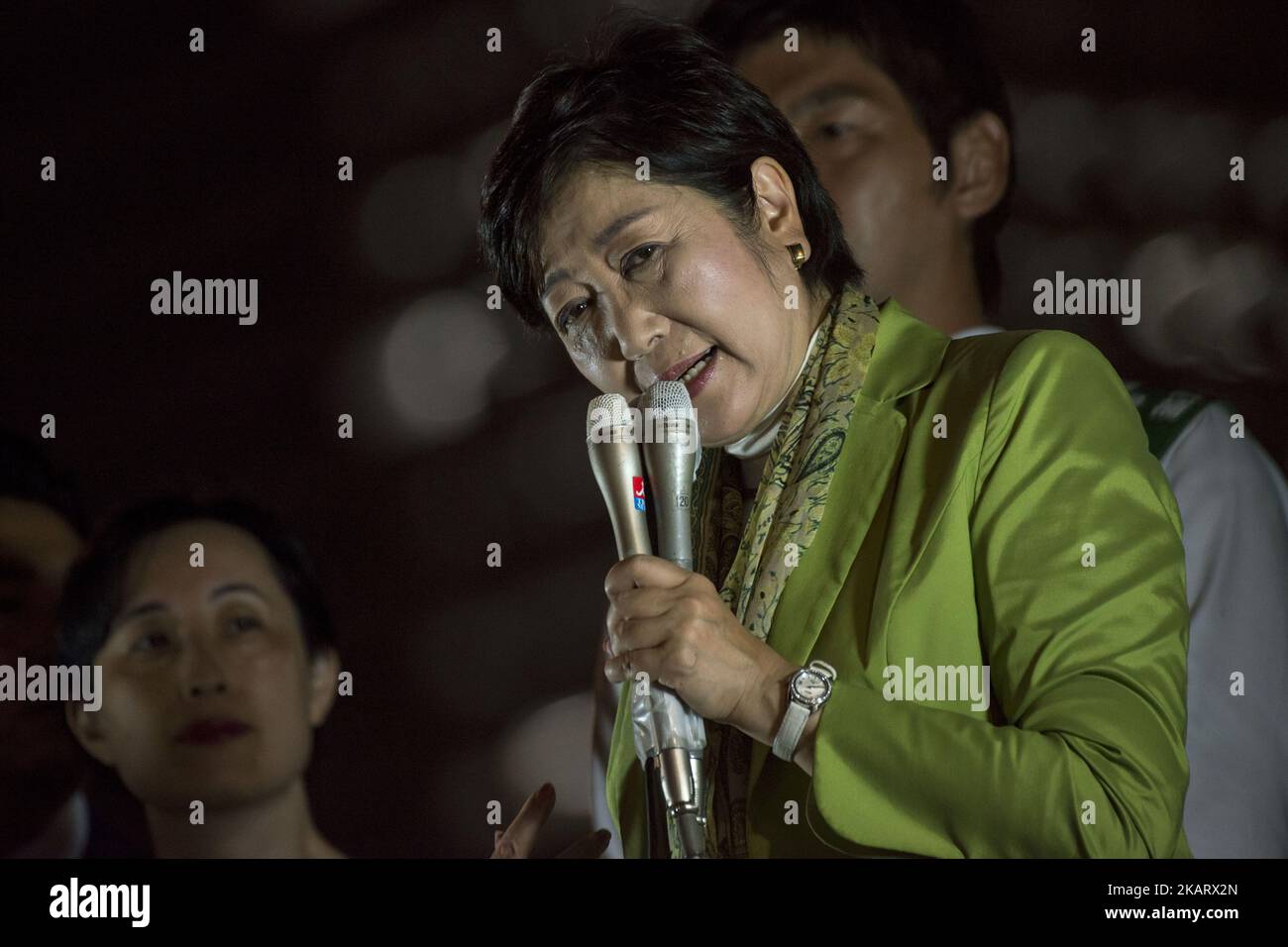 Tokyo Governor and Kibo no To (Party of Hope) leader Yuriko Koike gives a speech during his political rally in Yokohama, Japan, October 12, 2017. The general election vote will be held on October 22, 2017. Prime Minister Shinzo Abe’s ruling LDP is expecting to win the October 22 general election while Koike's party is lagging behind, according to a survey. (Photo by Alessandro Di Ciommo/NurPhoto) Stock Photo