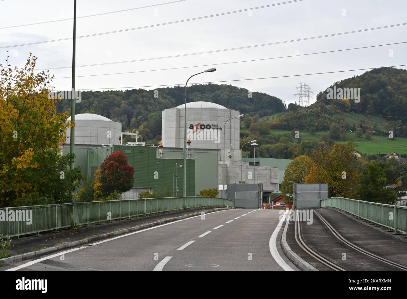 View on the road built as bridge through river Aare and enter to nuclear power plant Beznau, owned by Axpo. Stock Photo