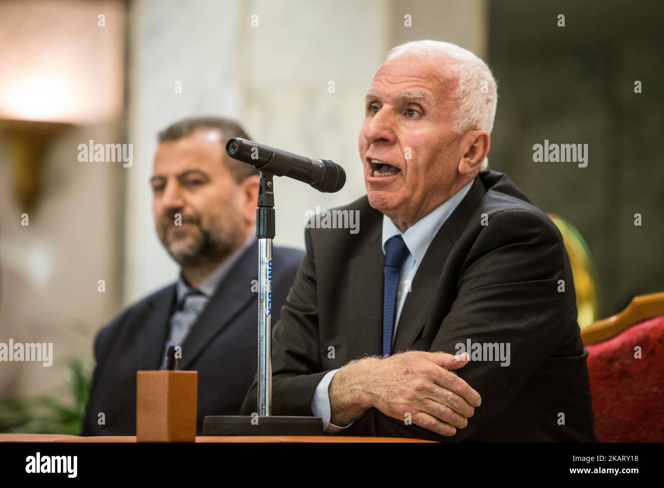 Hamas' representative, Saleh al-Arouri, is pictured during the signing of a reconciliation deal between the Islamic Resistence Movement (Hamas) and Fatah in Cairo, Egypt on October 12, 2017, as the two rival Palestinian movements ended their decade-long split following negotiations overseen by Egypt. Under the agreement, the West Bank-based Palestinian Authority is to resume full control of the Hamas-controlled Gaza Strip by December 1, according to a statement from Egypt's government. (Photo by Ibrahim Ezzat/NurPhoto) Stock Photo