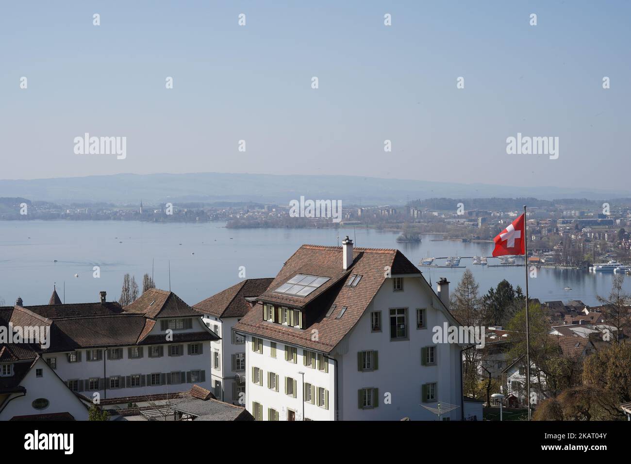 Panorama of Zug, Switzerland, from hill over the town. Stock Photo