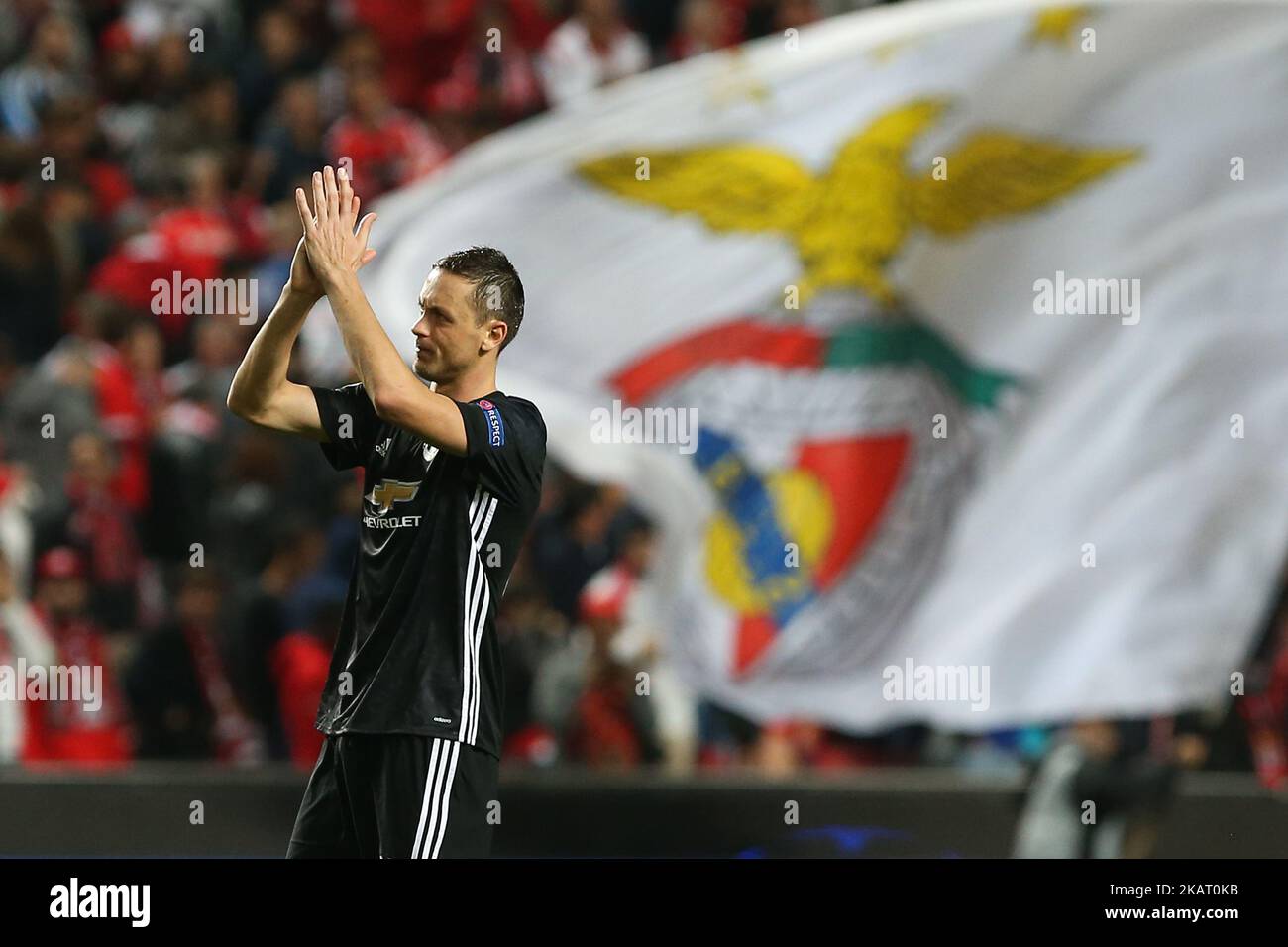 Manchester Uniteds midfielder Nemanja Matic from Serbia thanks supporters at the end of the match between SL Benfica v Manchester United FC UEFA Champions League playoff match at Luz Stadium on October 18, 2017 in Lisbon, Portugal. (Photo by Bruno Barros / DPI / NurPhoto) Stock Photo