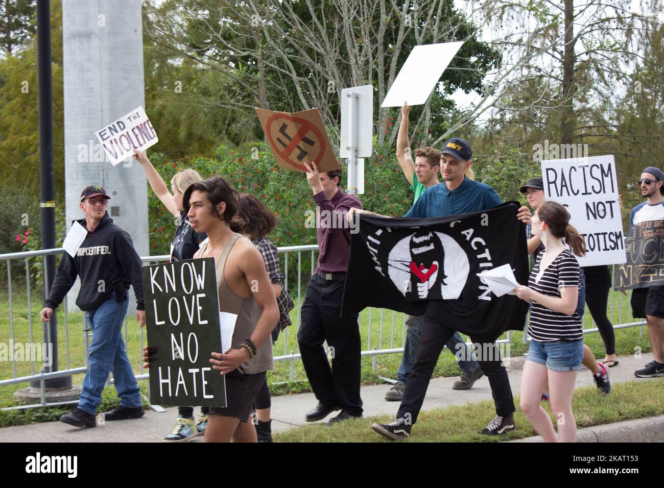 Protesters chant and carry signs against White Nationalism at the University of Florida in Gainesville, Florida on October 19, 2017. (Photo by Emily Molli/NurPhoto) Stock Photo