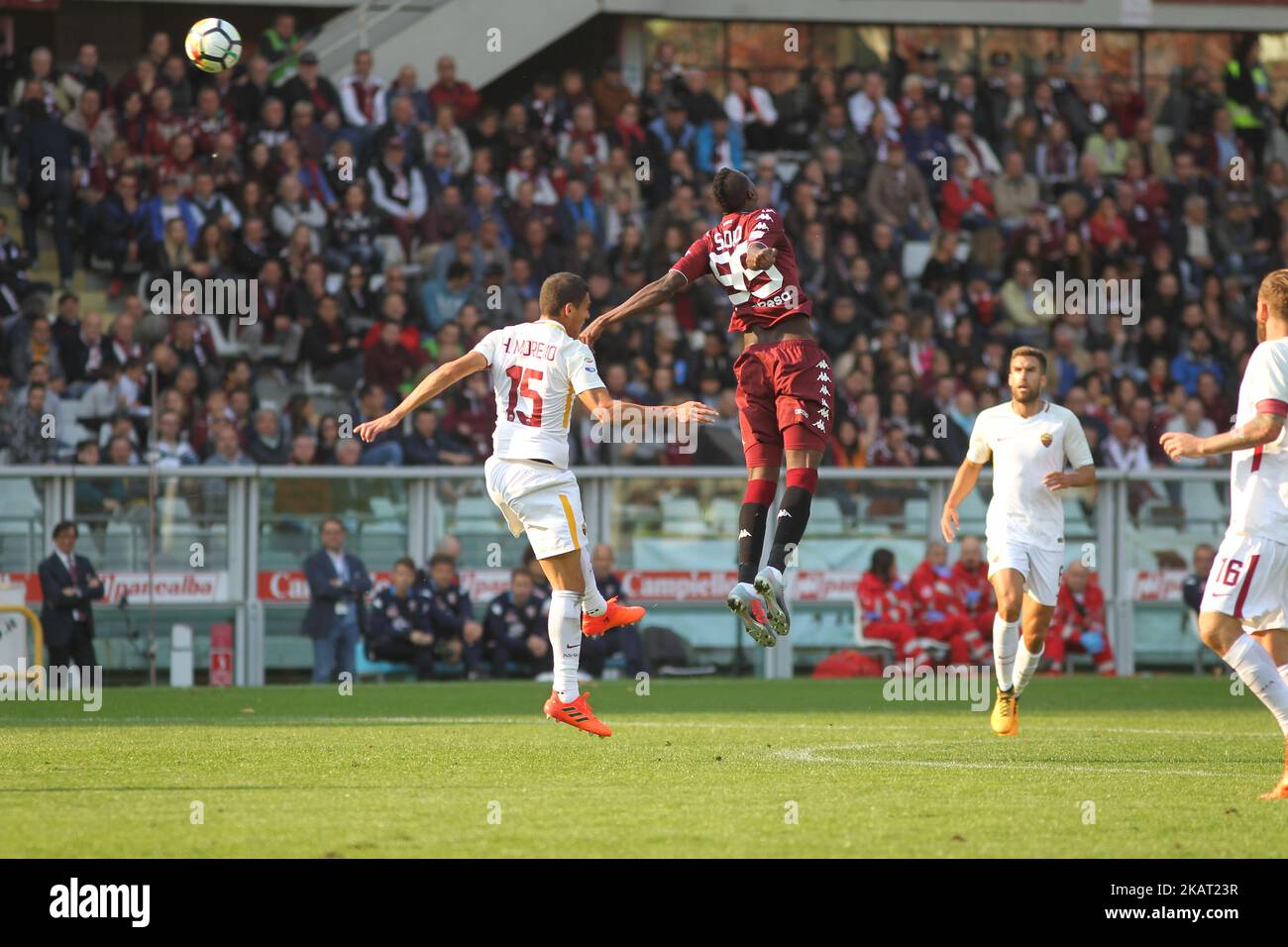 Umar Sadiq (Torino FC) and Hector Moreno (AS Roma) during the Serie A football match between Torino FC and AS Roma at Olympic Grande Torino Stadium on 22 October, 2017 in Turin, Italy. (Photo by Massimiliano Ferraro/NurPhoto) Stock Photo
