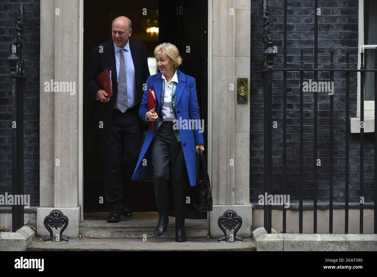 Transport Secretary Chris Grayling and Leader of the House of Commons Andrea Leadsom leave 10 Downing Street following a cabinet meeting on October 24, 2017 in London, England. (Photo by Alberto Pezzali/NurPhoto) Stock Photo