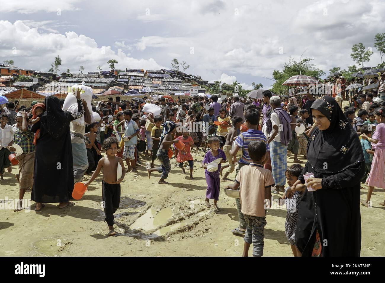 Rohingya refugees live in Moiner Ghona Camp on 17 October 2017. Moiner Ghona Camp is a Rohingya Refugee Camp near the Bangladesh and Myanmar land border. More and more Rohingya continue to cross the Bangladesh border via land and sea, and nearly a million have fled persecution from Myanmar to date. (Photo by Jade Sacker/NurPhoto) Stock Photo