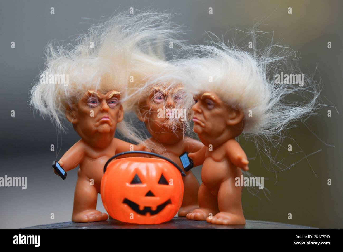 Three vinyl dolls which feature President Donald Trump, made by a former sculptor for Disney, Chuck Williams, can be seen and bought at Balla Ban Art Gallery in Dublin city center, ahead of Halloween. On Wednesday, 24 October 2017, in Dublin, Ireland. Photo by Artur Widak  Stock Photo
