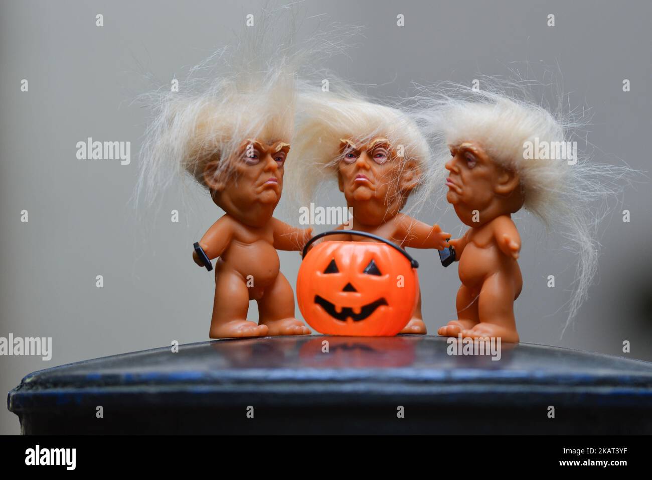 Three vinyl dolls which feature President Donald Trump, made by a former sculptor for Disney, Chuck Williams, can be seen and bought at Balla Ban Art Gallery in Dublin city center, ahead of Halloween. On Wednesday, 24 October 2017, in Dublin, Ireland. Photo by Artur Widak  Stock Photo