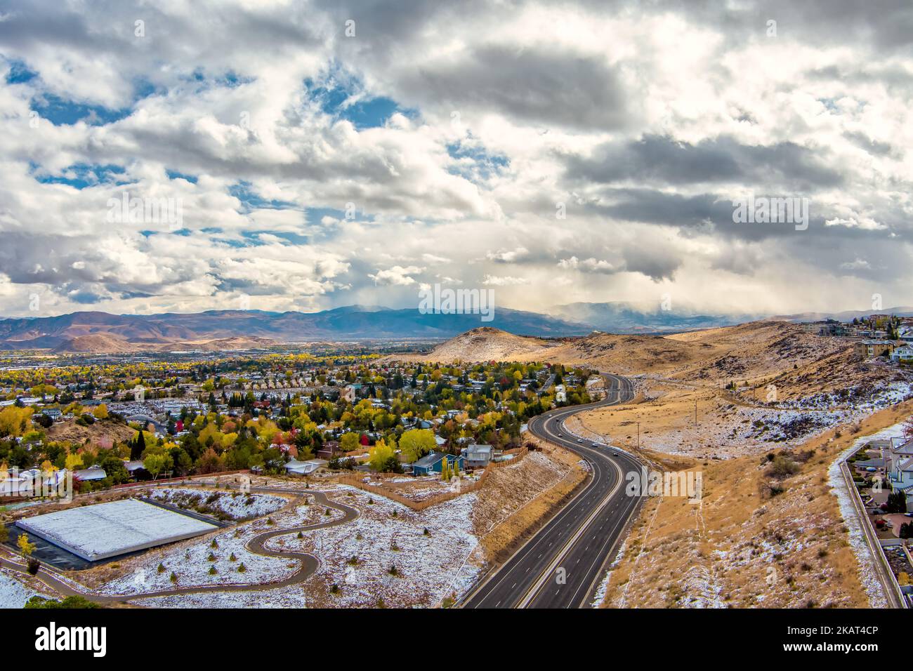 Aerial view Reno Nevada landscape during Autumn after an early snowfall