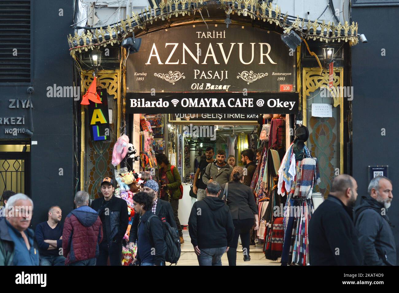 A view of the entrance to Tarihi Aznavur Pasaji on ?stiklal Street in Beyoglu district of Istanbul. On Tuesday, 17 October 2017, in Istanbul, Turkey. (Photo by Artur Widak/NurPhoto)  Stock Photo