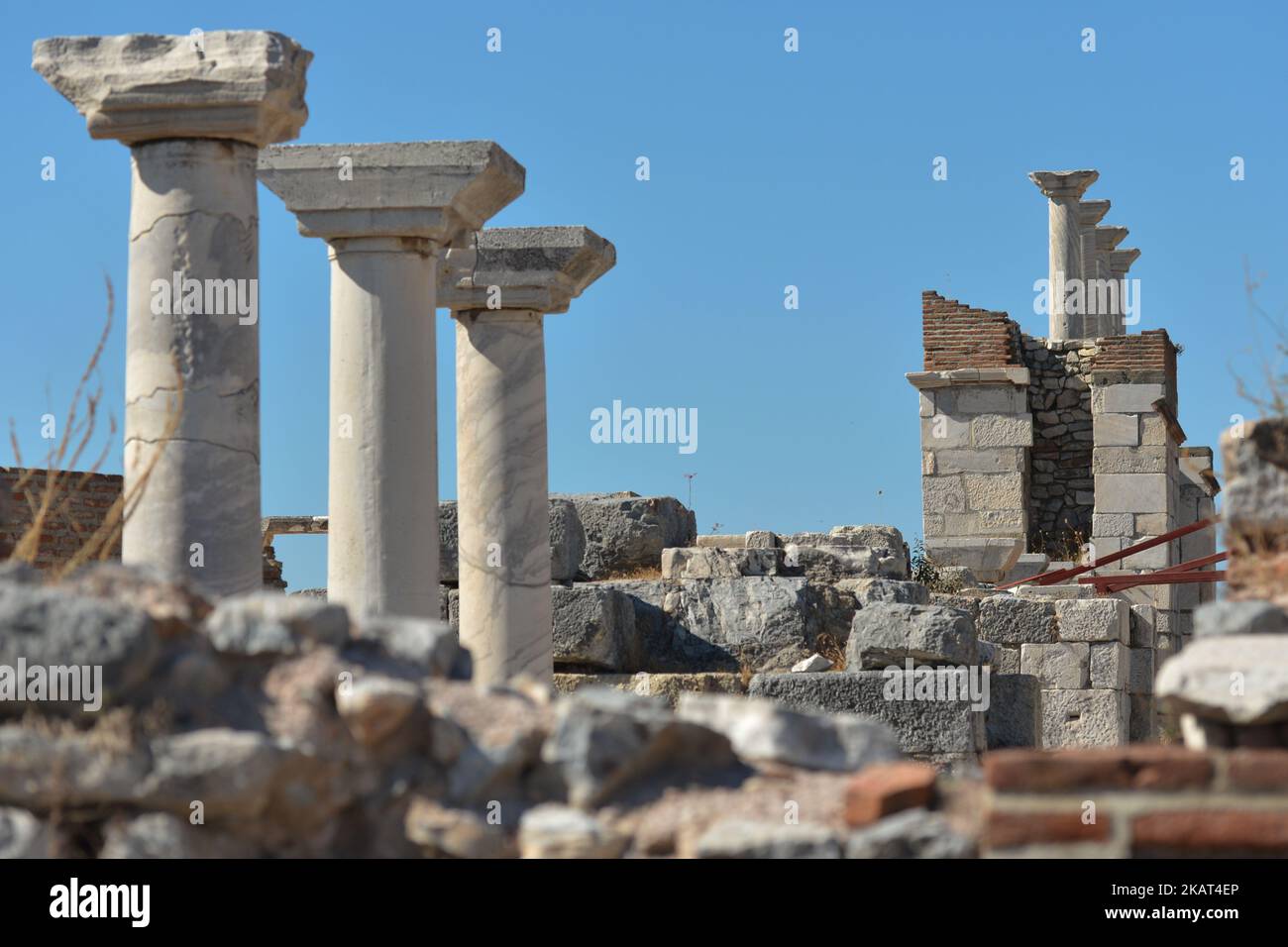Ruins of the Basilica of St. John. The basilica stands over the believed burial site of John the Apostle, on the slopes of Ayasuluk Hill just below the fortress near the center of Selcuk. On Friday, 13 October 2017, in Selcuk, Turkey. (Photo by Artur Widak/NurPhoto)  Stock Photo