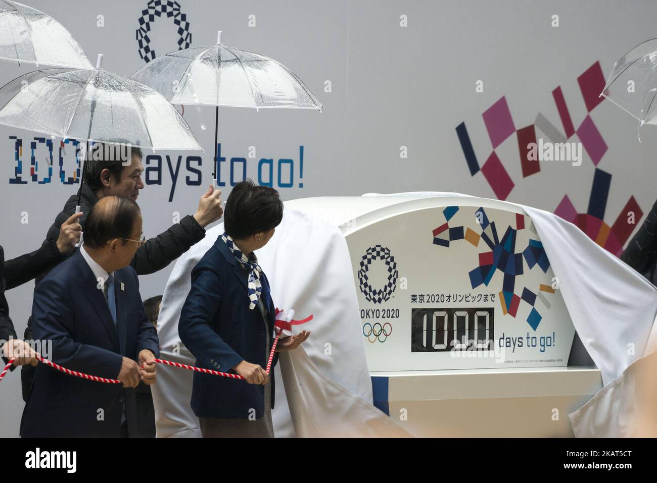Tokyo Governor and head of Party of Hope Yuriko Koike and other officials attend an unveiling the display counting down the days to the beginning of the 2020 Tokyo Olympic Games, at the the countdown ceremony to mark 1,000 days until the 2020 Tokyo Olympic Games in Tokyo, Japan October 28, 2017. (Photo by Alessandro Di Ciommo/NurPhoto) Stock Photo