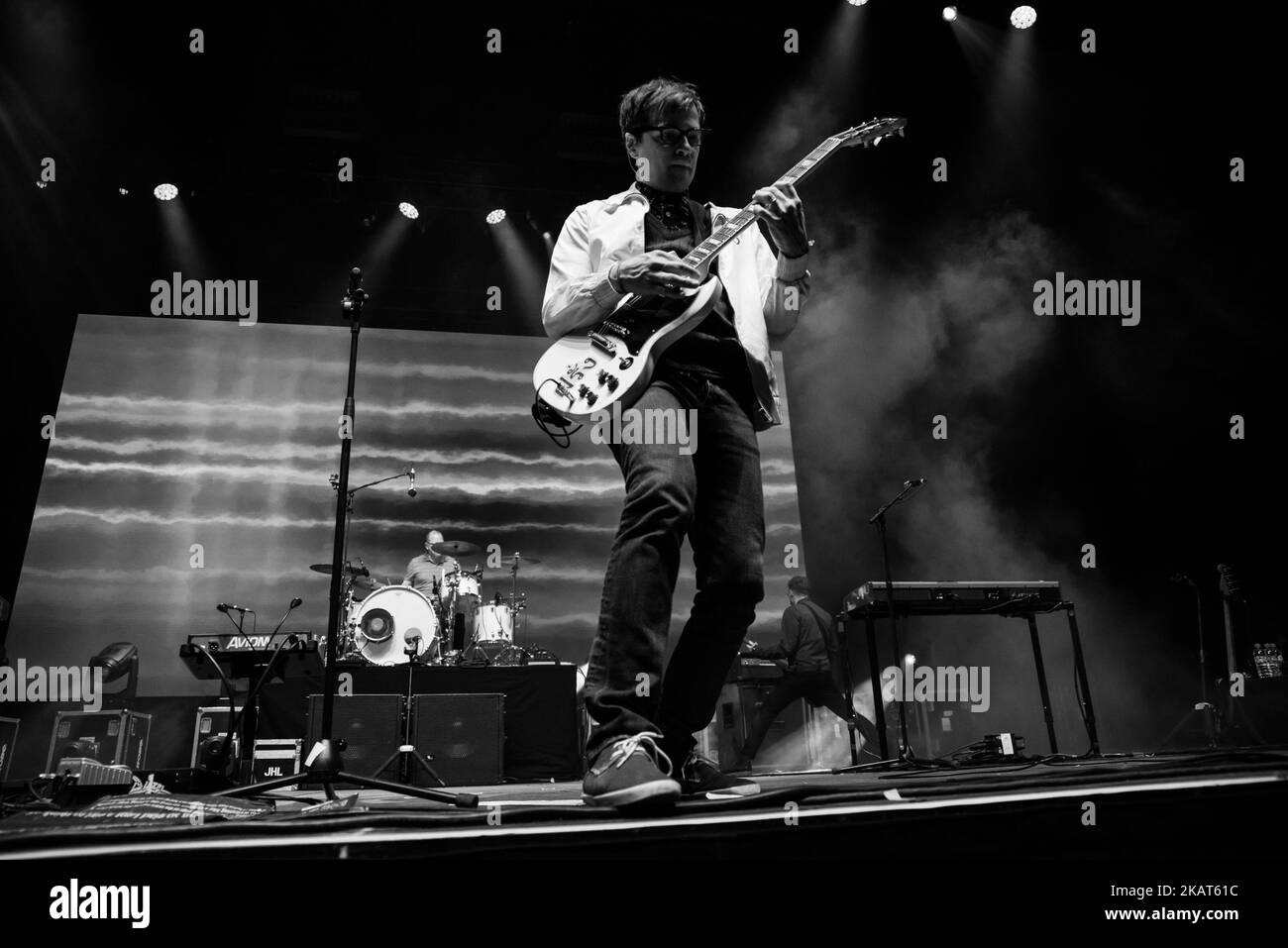 American rock band Weezer perform live at Arena Wembley, London on October 28, 2017. Weezer is an American rock band formed in Los Angeles, California, consisting of Rivers Cuomo (lead vocals, guitar), Patrick Wilson (drums), Brian Bell (guitar, backing vocals, keyboards), and Scott Shriner (bass guitar, backing vocals). (Photo by Alberto Pezzali/NurPhoto) Stock Photo