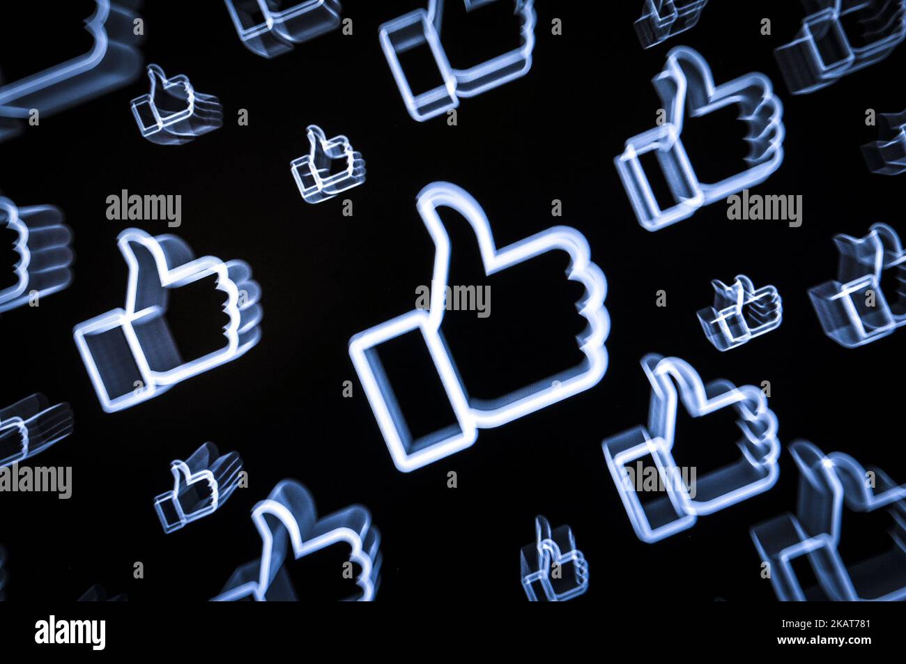 Facebook logos are seen on a computer screen in this photo illustration on November 1, 2017. Lawyers for the social media companies Facebook, Twitter and Google today have appeared in front of the Senate judiciary committee amidst accusations of influencing politics in the United Statees through Russia financed content. (Photo by Jaap Arriens/NurPhoto) Stock Photo