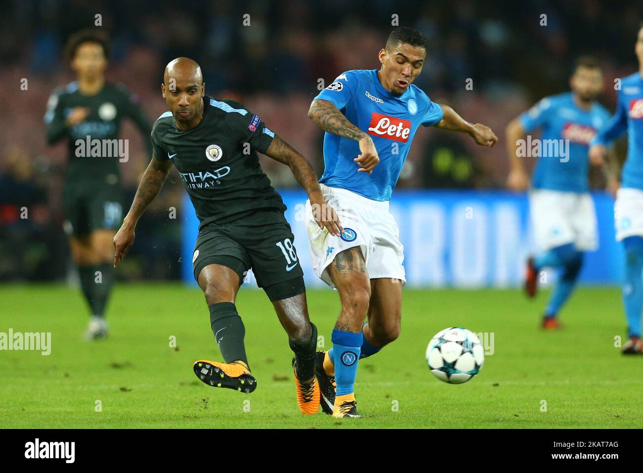Fabian Delph of Manchester City and Allan Loudeiro of Napoli during the Fabian Delph of Manchester City and Allan Loudeiro of Napoli during the
