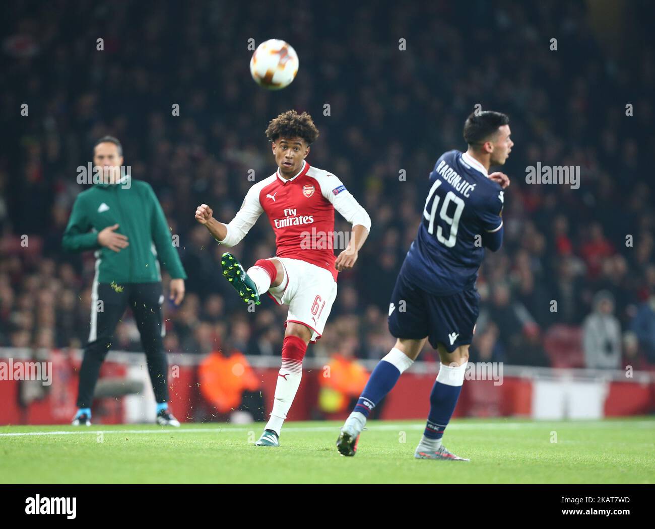 Arsenal's Reiss Nelson during UEFA Europa League Group H match between Arsenal and Red Star Belgrade (Crvena Zvezda) at The Emirates, in London, UK on November 2, 2017. (Photo by Kieran Galvin/NurPhoto) Stock Photo