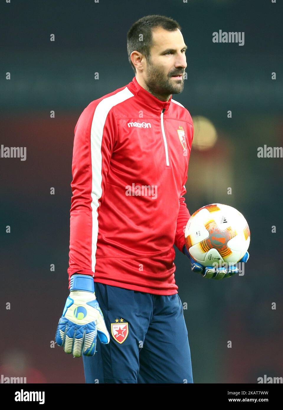 Nemanja Supic of Red Star Belgrade (Crvena Zvezda) during the pre-match warm-up during UEFA Europa League Group H match between Arsenal and Red Star Belgrade (Crvena Zvezda) at The Emirates, in London, UK on November 2, 2017. (Photo by Kieran Galvin/NurPhoto) Stock Photo