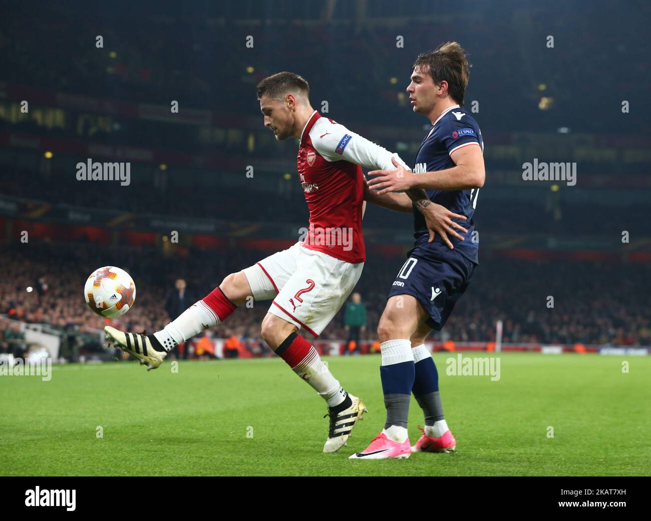 L-R Arsenal's Mathieu Debuchy and Filip Stojkovic of Red Star Belgrade (Crvena Zvezda) during UEFA Europa League Group H match between Arsenal and Red Star Belgrade (Crvena Zvezda) at The Emirates, in London, UK on November 2, 2017. (Photo by Kieran Galvin/NurPhoto)  Stock Photo