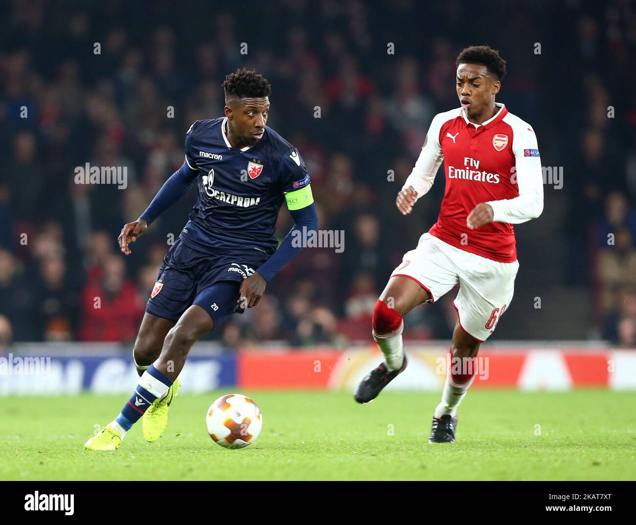Mitchell Donald of Red Star Belgrade (Crvena Zvezda) (Left) during UEFA Europa League Group H match between Arsenal and Red Star Belgrade (Crvena Zvezda) at The Emirates, in London, UK on November 2, 2017. (Photo by Kieran Galvin/NurPhoto)  Stock Photo