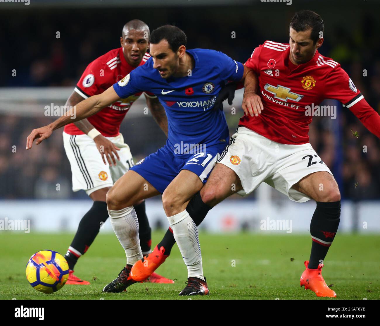 L-R Chelsea's Davide Zappacosta holds of Manchester United's Henrikh Mkhitaryan during the Premier League match between Chelsea and Manchester United at Stamford Bridge in London, England on November 5, 2017. (Photo by Kieran Galvin/NurPhoto)  Stock Photo