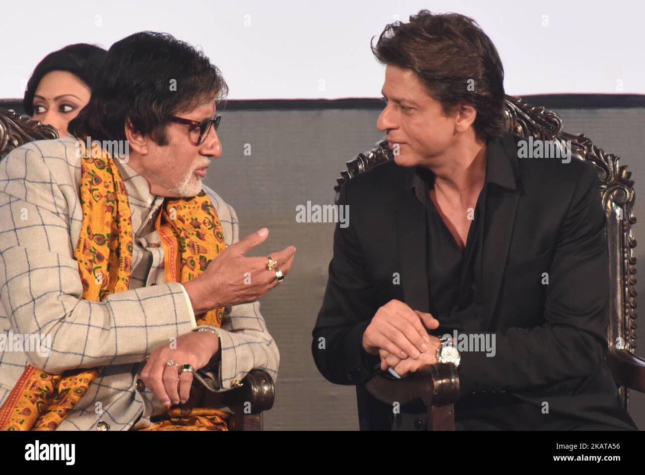 Indian actors Amitabh Bachchan and Shah Rukh Khan at the inauguration ...