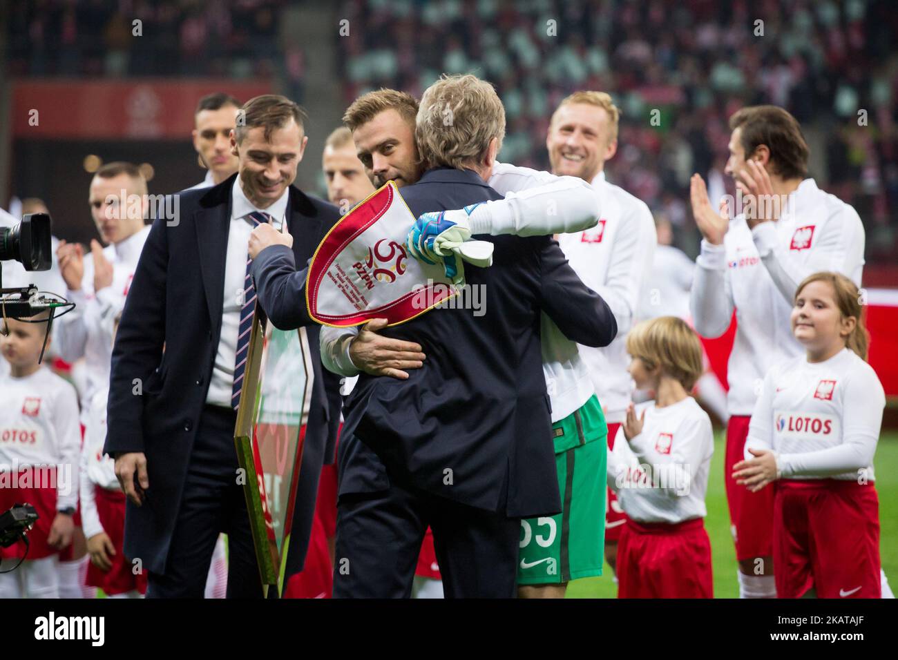 President of the PZPN Zbigniew Boniek hugs goalkeeper Artur Boruc before his last game for the national team during the international friendly soccer match between Poland and Uruguay at the PGE National Stadium in Warsaw, Poland on November 10, 2017 (Photo by Mateusz Wlodarczyk/NurPhoto) Stock Photo