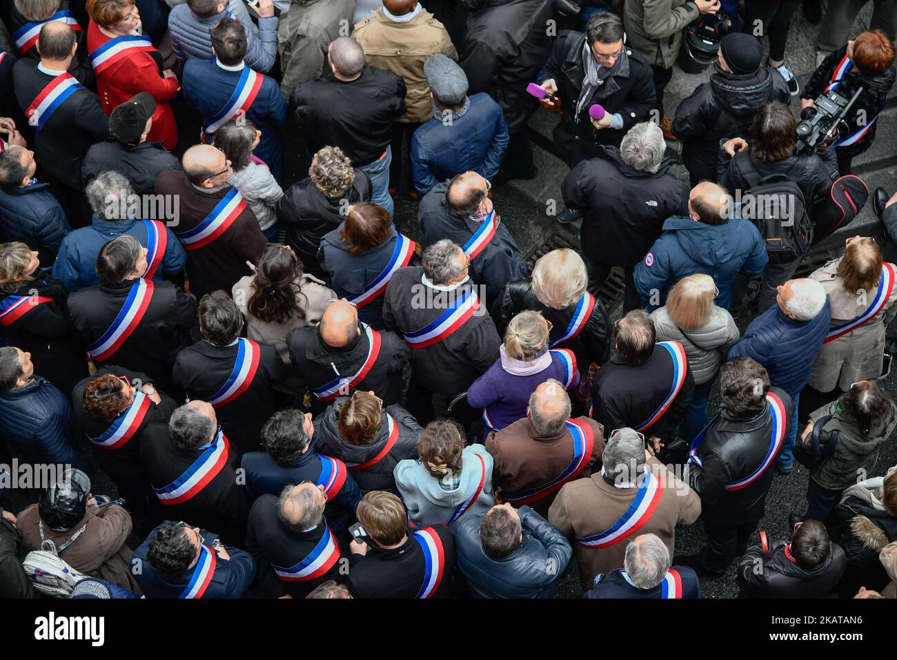 At the call of the Mayor of Clichy, Rémi Museau, a collective of elected officials led by Valérie Pecresse disturb the sacred street prayer of Friday near the Town Hall of Clichy-La Garenne.(Photo by Julien Mattia/NurPhoto) Stock Photo