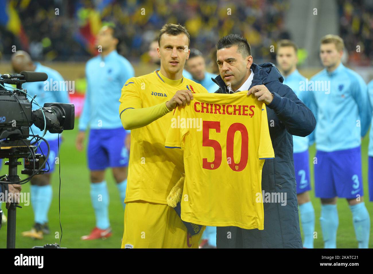 Vlad Chiriches celebrating hos 50th match for the Romanian national team with Romania's coach Cosmin Contra before the International Friendly match between Romania and Netherlands at National Arena Stadium in Bucharest, Romania, on November 14, 2017. (Photo by Alex Nicodim/NurPhoto) Stock Photo